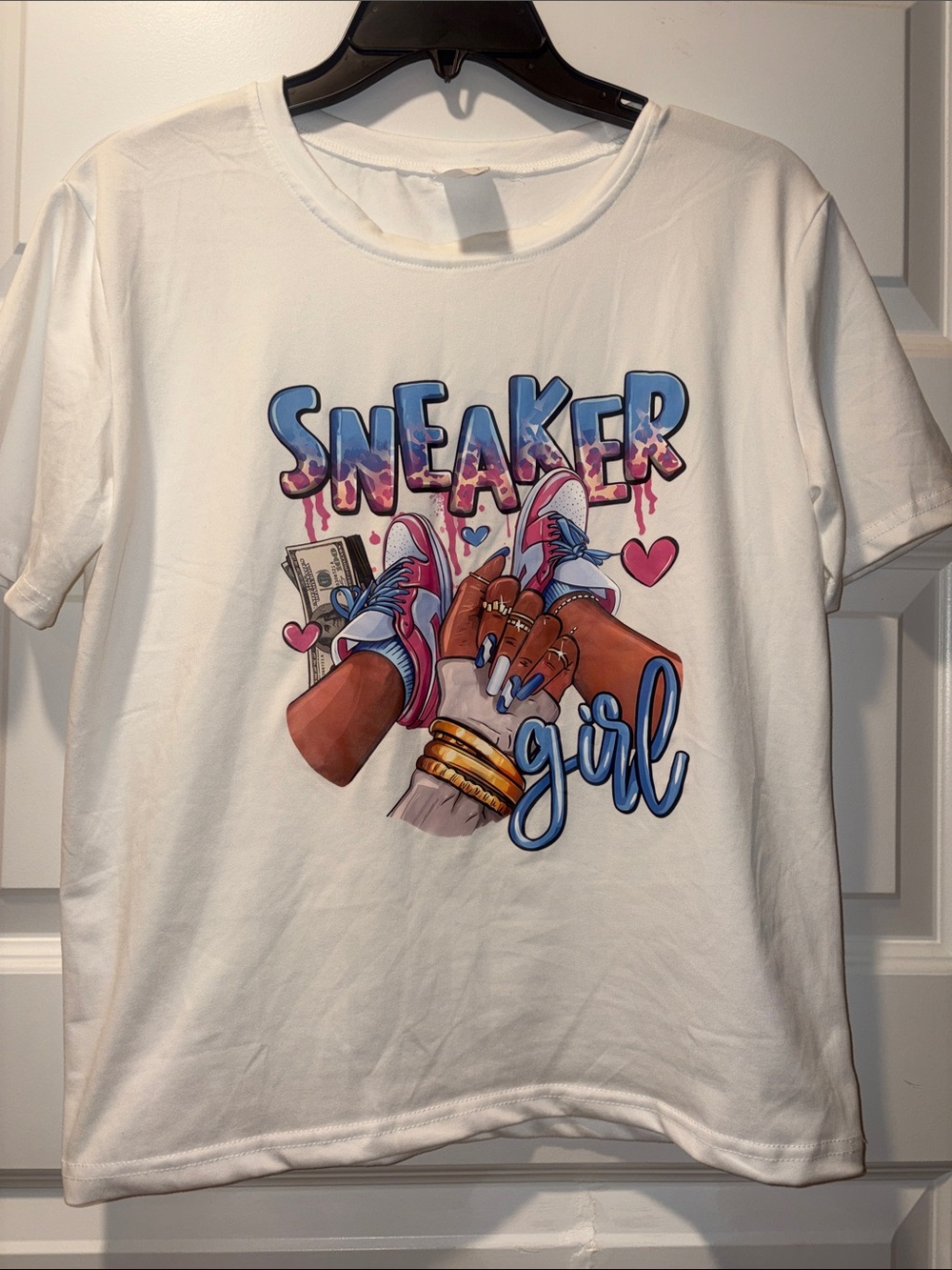Sneaker Girl Graphic Tee - White with Pink & Blue Print